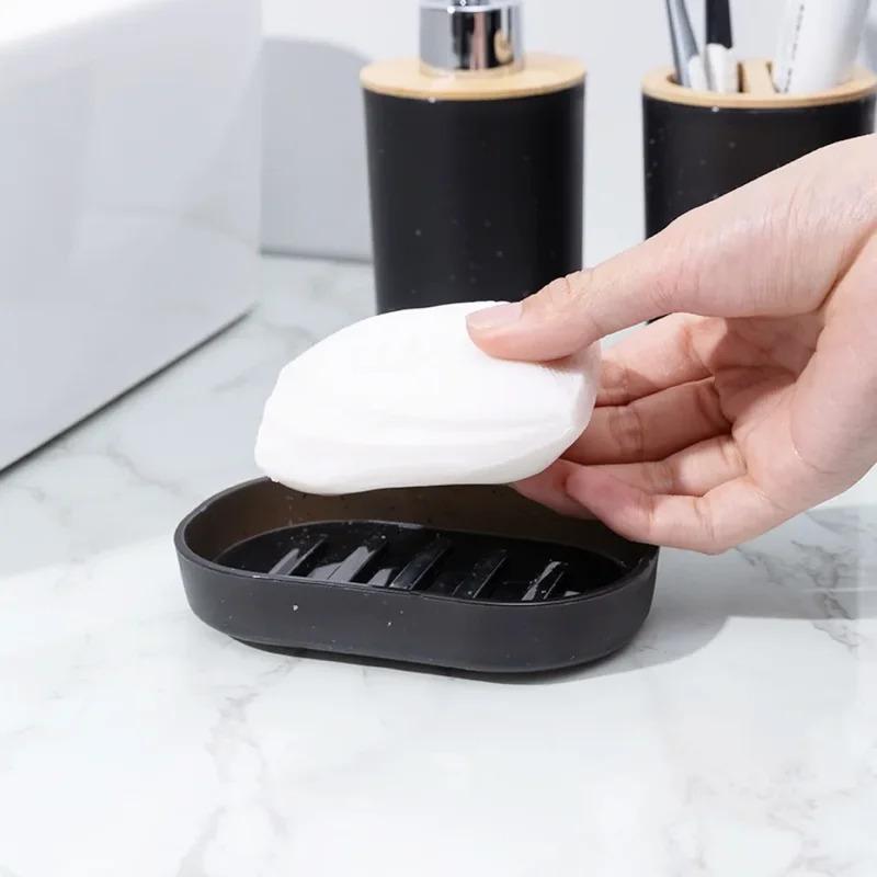 4Pcs/Set Bamboo Plastic Bathroom Storage Set, Soap Dispenser Box Toilet Brush Lotion Bottle Trash Can Toothbrush Cup Holder
