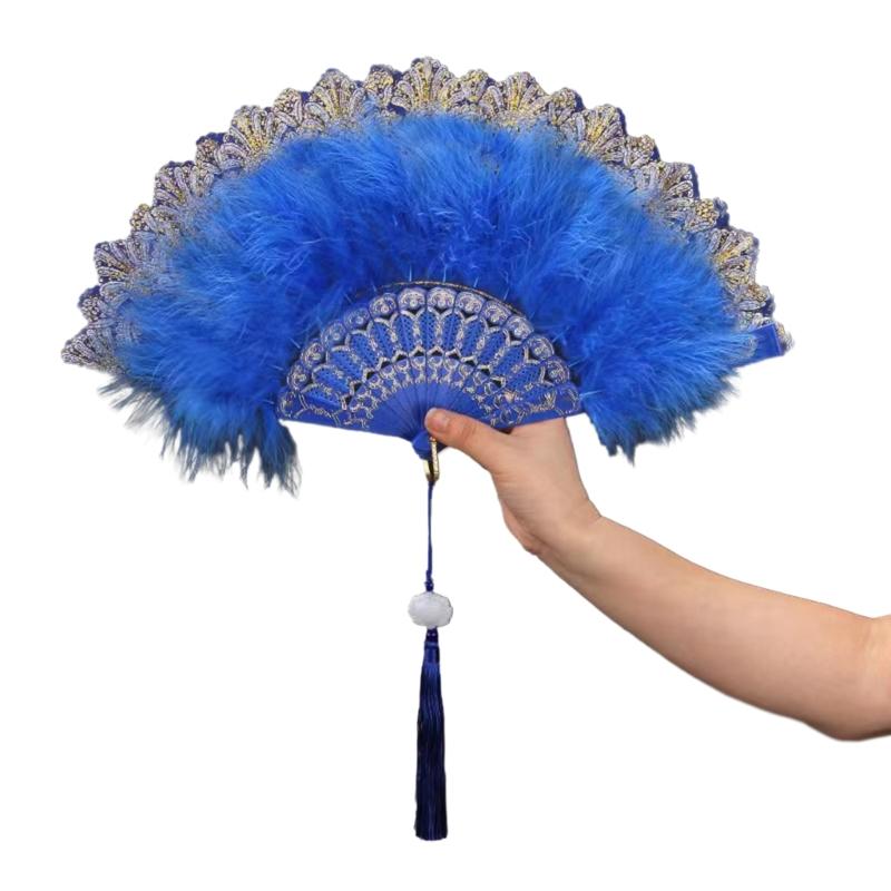 Embroidered Flower Feather Fan Vintage Hand Fan for Costume Dancing Handheld Folding Fan Performances Wedding Party