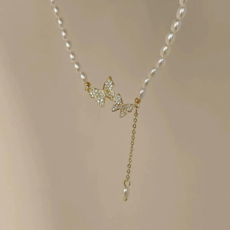 Vintage Elegant Pearl Necklace for Women Tassel Butterfly Pendant Alloy Choker Collarbone Chain Retro Summer Jewelry Gift