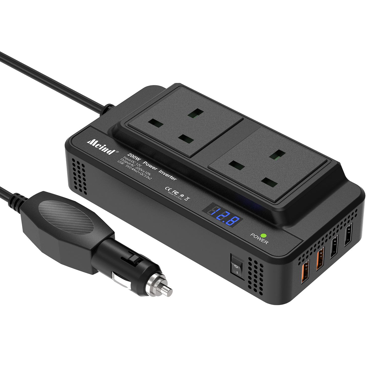 Meind 200W Car Inverter: 12V to 220V, Dual Sockets, 2 USB Fast Charging Ports + 2 QC3.0 Ports