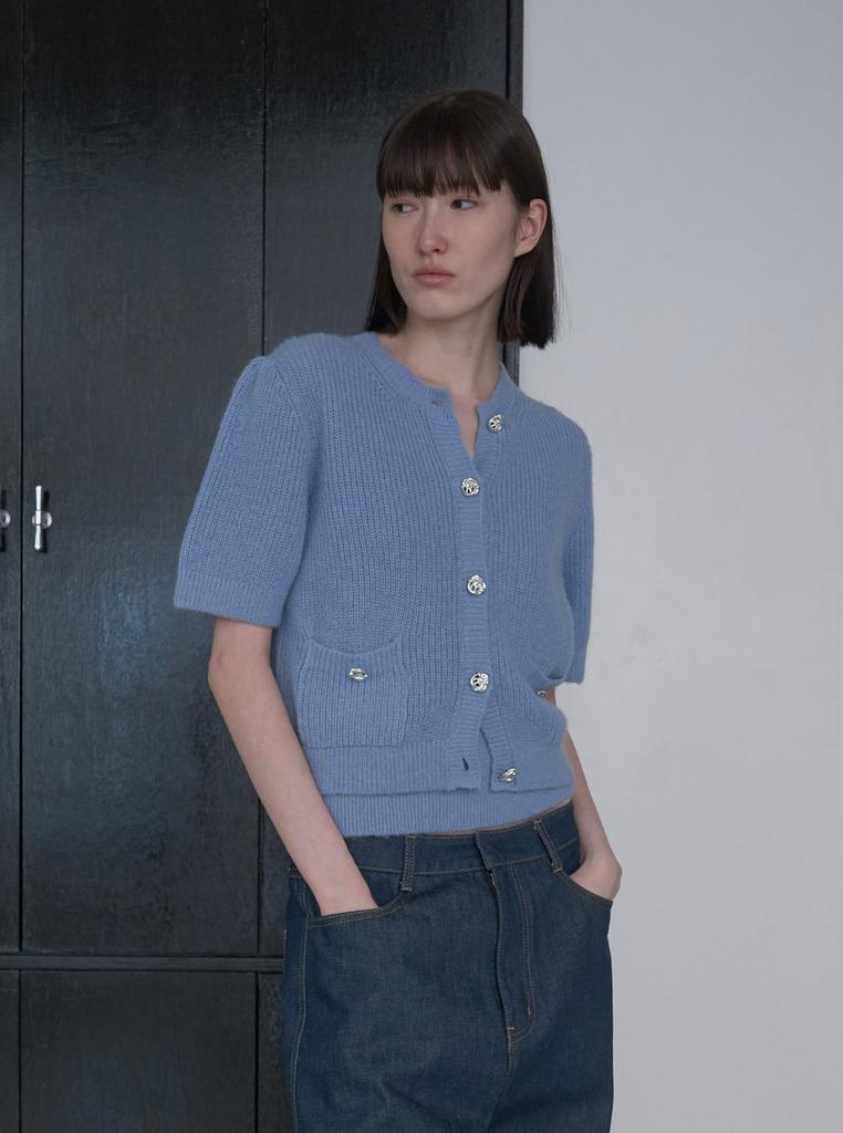 Diito Alpaca Royal Ribbed Half-Sleeve Cardigan [Blue]