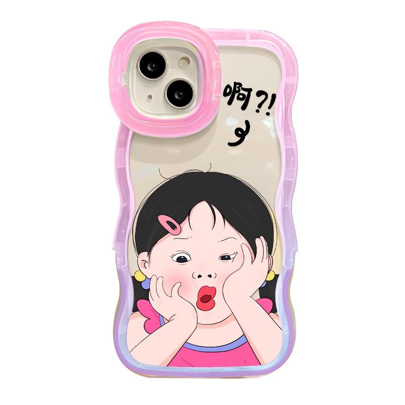 Applicable To Apple 15 Mobile Phone Case IPhone 13 Cute Funny Girl 16 Wavy Side Invisible Double Bracket Soft Silicone