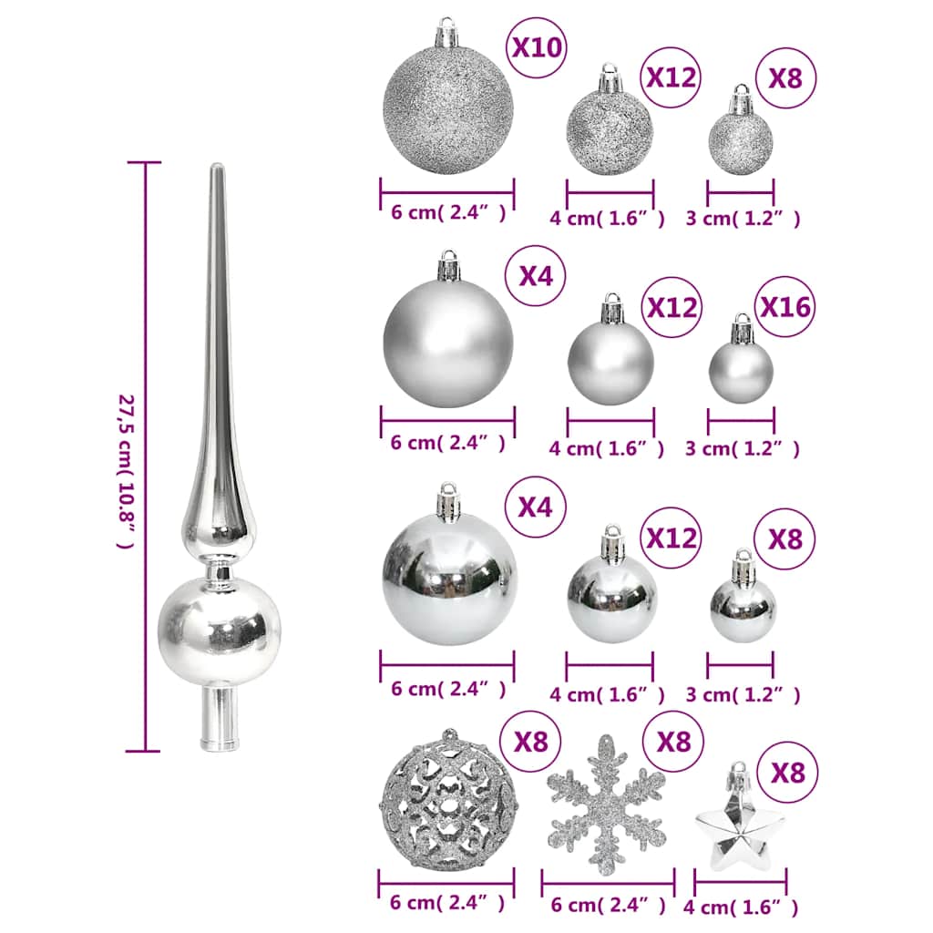 111 pc Christmas Ornament Set Silver Polystyrene