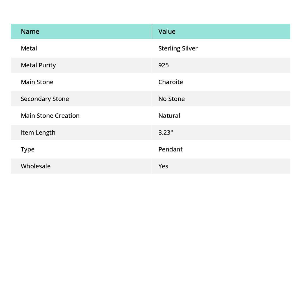 Natural Russian Charoite Stone 925 Sterling Silver Two Tone Pendant 3.23" s5I61