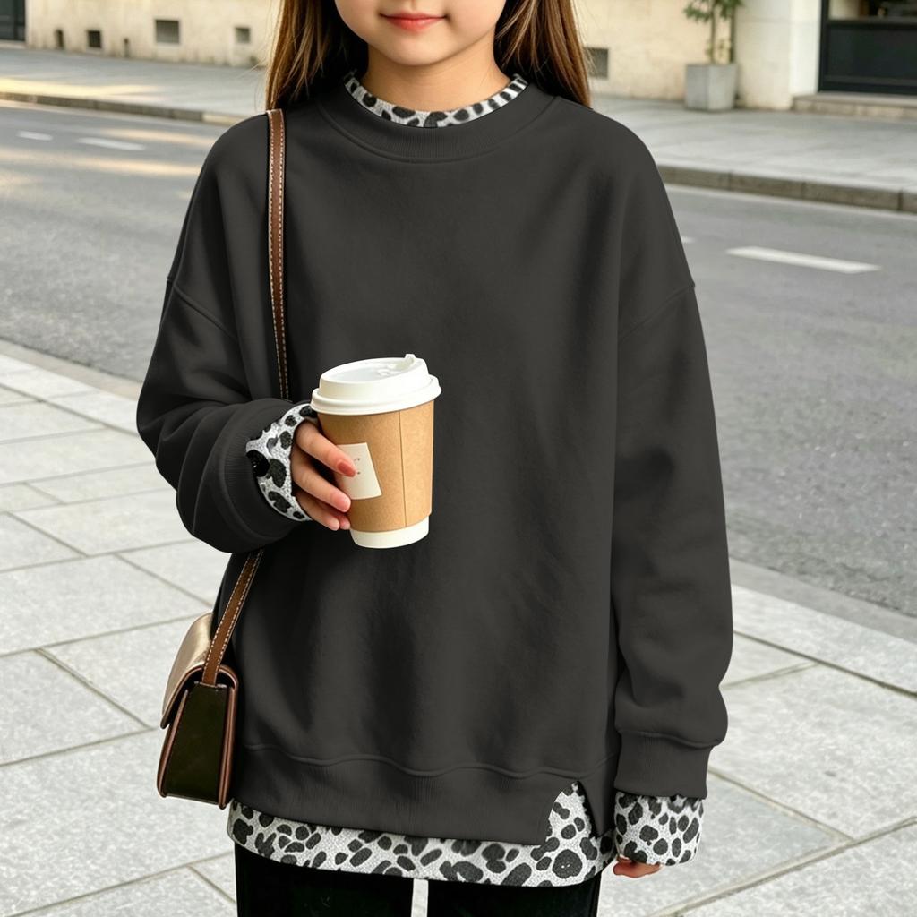 Big Girls Casual Printed Two-Piece Look Pullover Top with Neck and Loose Fit for Everyday Wear