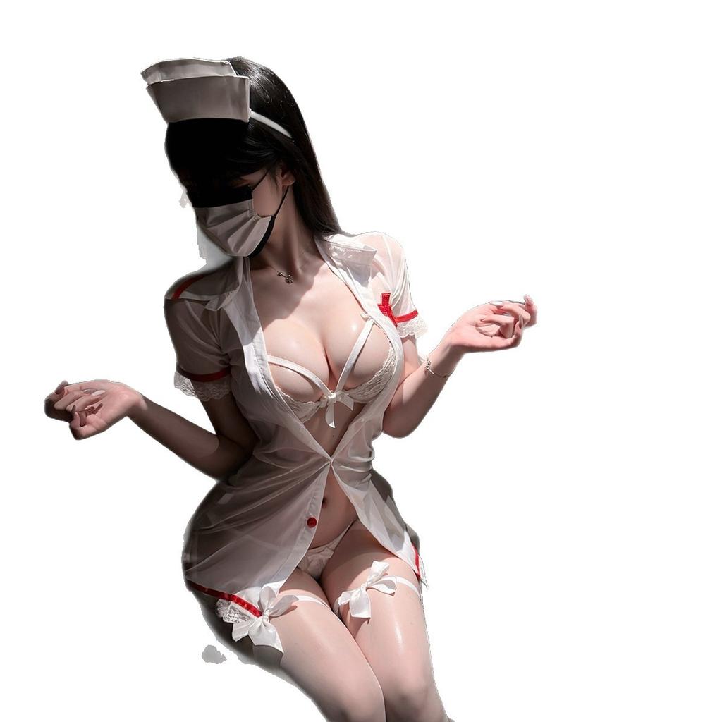 Sexy Lingerie Sexy Tulle Perspective Deep V Split Lace Nurse Uniform Set