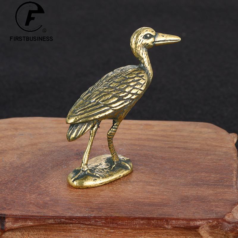 Retro Brass Crane Figurines Miniatures Tea Pet Small Animal Statue Crafts Collection Office Desk Ornament Lucky Home Decorations