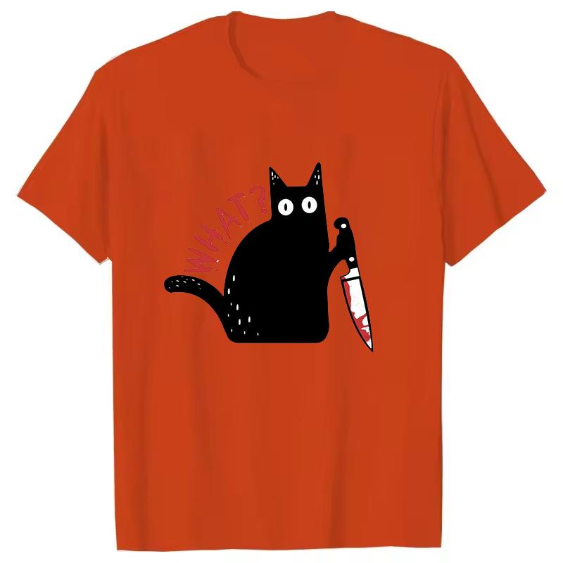 Black Cat with a Knife Rinted Tshirts Unisex Women Unisex Casual Loose Round Neck Creative Personalized Tshirts WHAT Pattern Top
