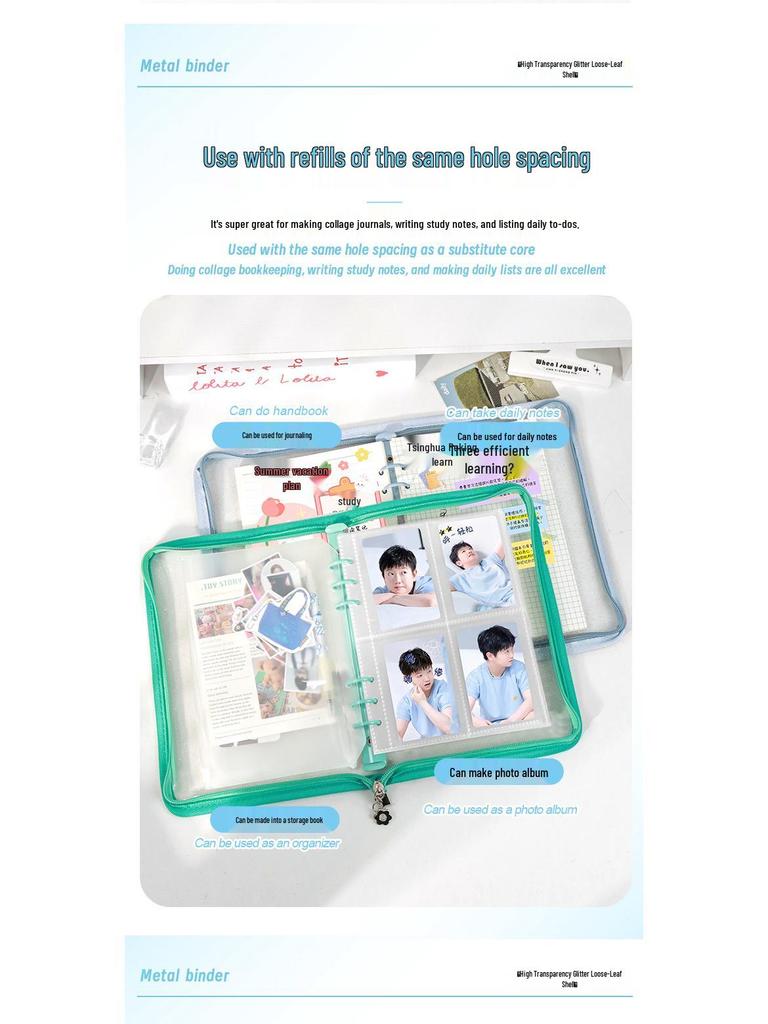 A5 Transparent PVC Ring Binder Notebook Planner, 6-Hole Photo Album with Removable Cover (A6 Compatible)