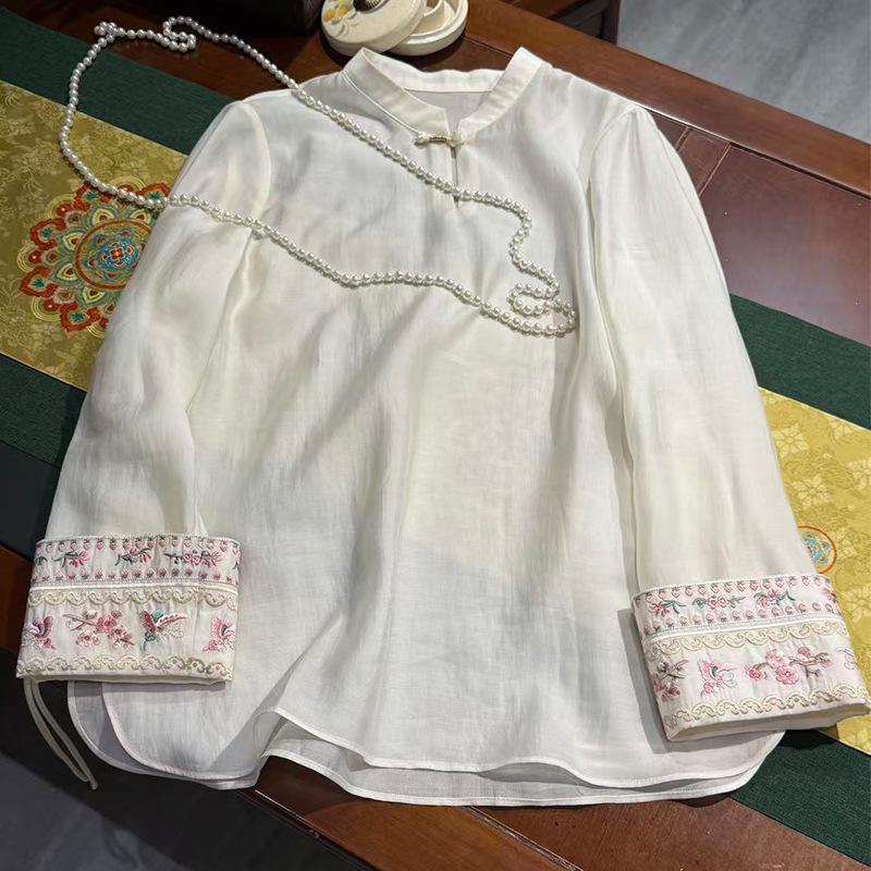 2026 Early Spring Women's Tencel Embroidery Patchwork Long Sleeve Shirt - Chinese Style Base Layer Top