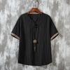 Camiseta de Linho Masculina Manga Curta Solta Estilo Chinês Masculina Bordada Fina Casual Fecho de Botão de Disco Top Retrô de Algodão e Linho