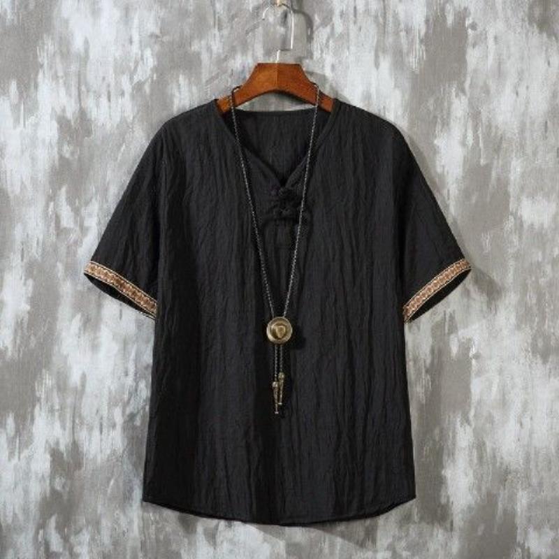 Camiseta de Linho Masculina Manga Curta Solta Estilo Chinês Masculina Bordada Fina Casual Fecho de Botão de Disco Top Retrô de Algodão e Linho