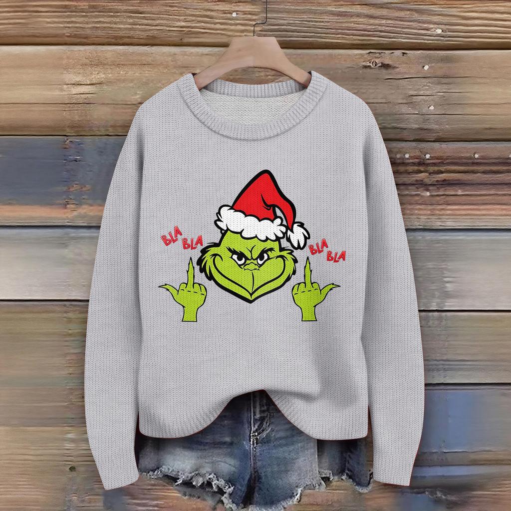 Women's Christmas Print Cardigan Long Sleeve Round Neck Knit Top