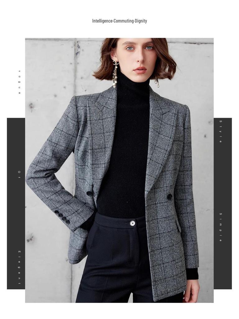 Luxurious British Style Dark Plaid Suit: Women's Jacket & Straight-Leg Pants Two-Piece Set for Autumn/Winter.