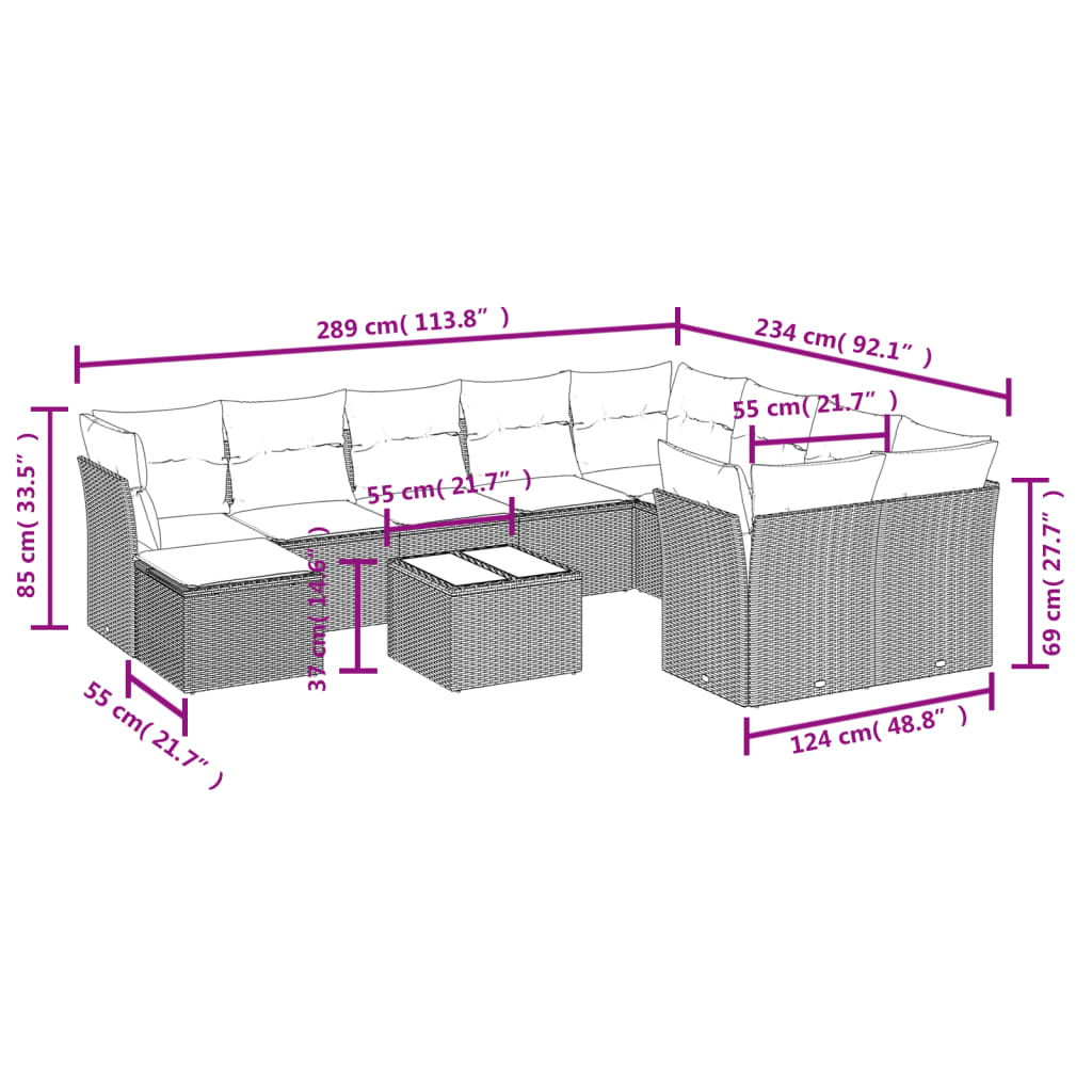 Vidaxl 11-Cz. Garden Lounge Set, Cushions Black Rattan Pe