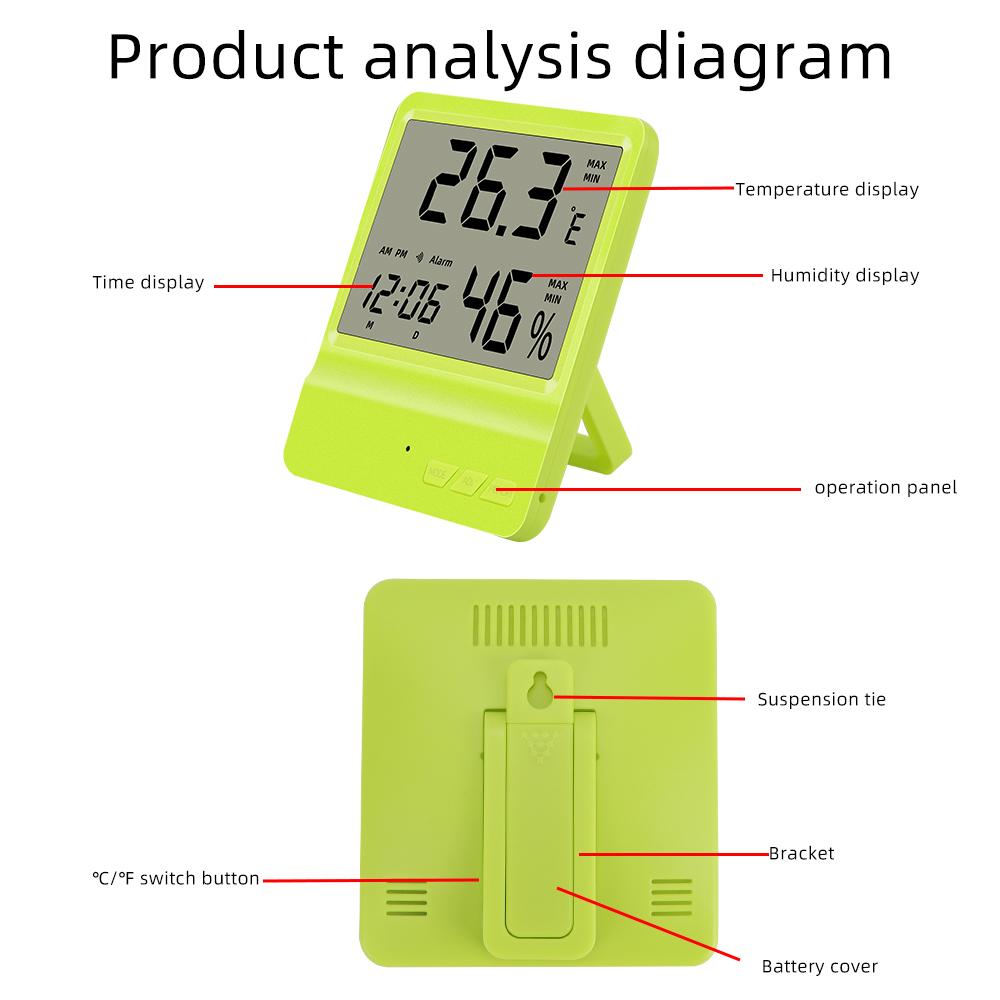 Termômetro Higrômetro Relógio LCD Multifuncional Doméstico Interno de Piso e para Parede Medidor de Temperatura Umidade