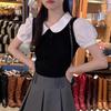 Women's Gray Peter Pan Collar Knit Top – Short-Sleeve, Summer, Fashionable Two-Piece Design