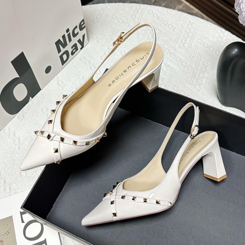 High Heels Women's Rivet Sandals French Temperament Back Empty Thick Heel Sandals Women High Heeled Sandals