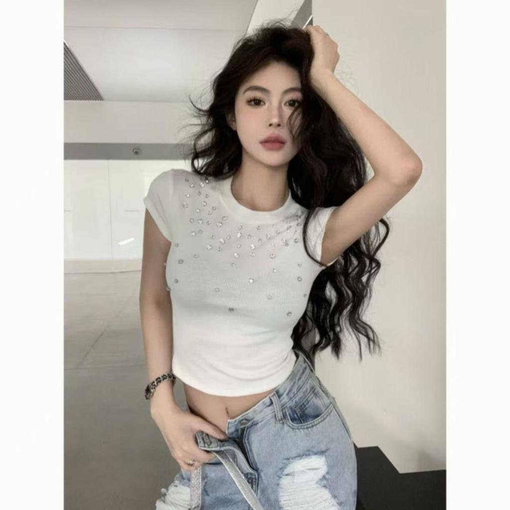 Damen Crew-Neck Strass T-Shirt Slim Fit Cropped Sommer Kurzarm Top