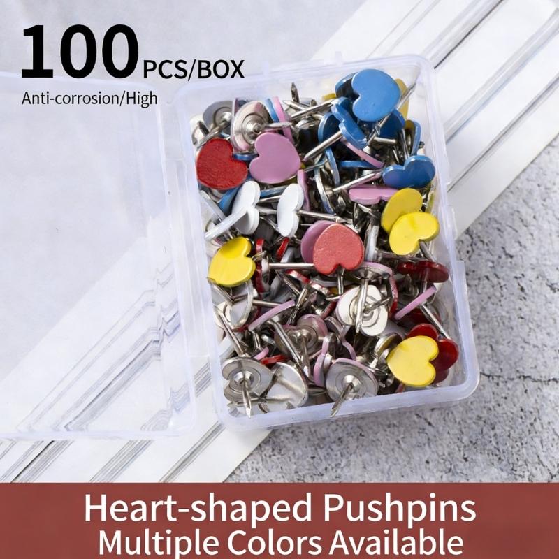 100Pcs Heart Shape Metal Push Pins Cork Notice Board Pin Decorative Thumb Tacks for Display Document Picture Note Memo