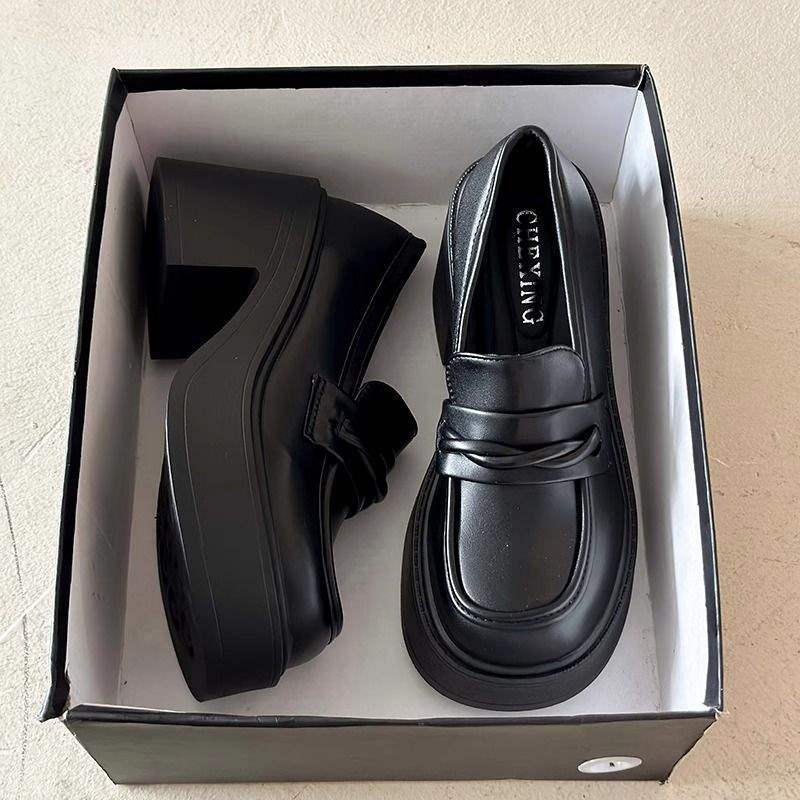 Black Round Head Small Man Increases Height with One Pedal Loafers Women's Spring British Style Platform Small Leather Shoes