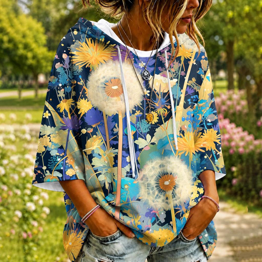 Women's Fashion Floral Print Hoodie Casual Oversized Long Sleeve Pullover Top