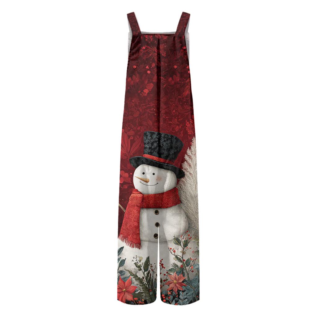 Women's Christmas Print Solid Wide Leg Strapless Tank Pocket Casual Onesie