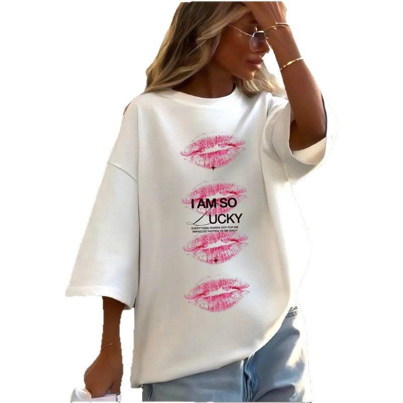 Western Style New Fashion Casual Loose Print round Neck Cotton T-shirt Top Printed T-shirt Top