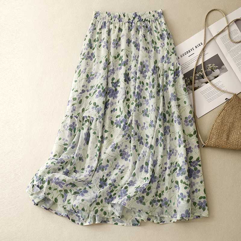 

Хлопок и лен мелкий цветочный хлопок и лен А-силуэт средней длины с неровной юбкой-кейком тонкий летний двухслойный 2XL