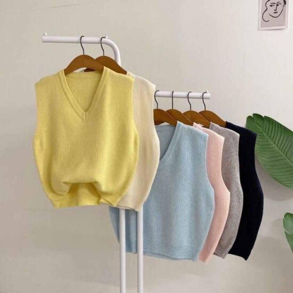 Honey J V Neck Ribbed Wool Knit Vest 6color