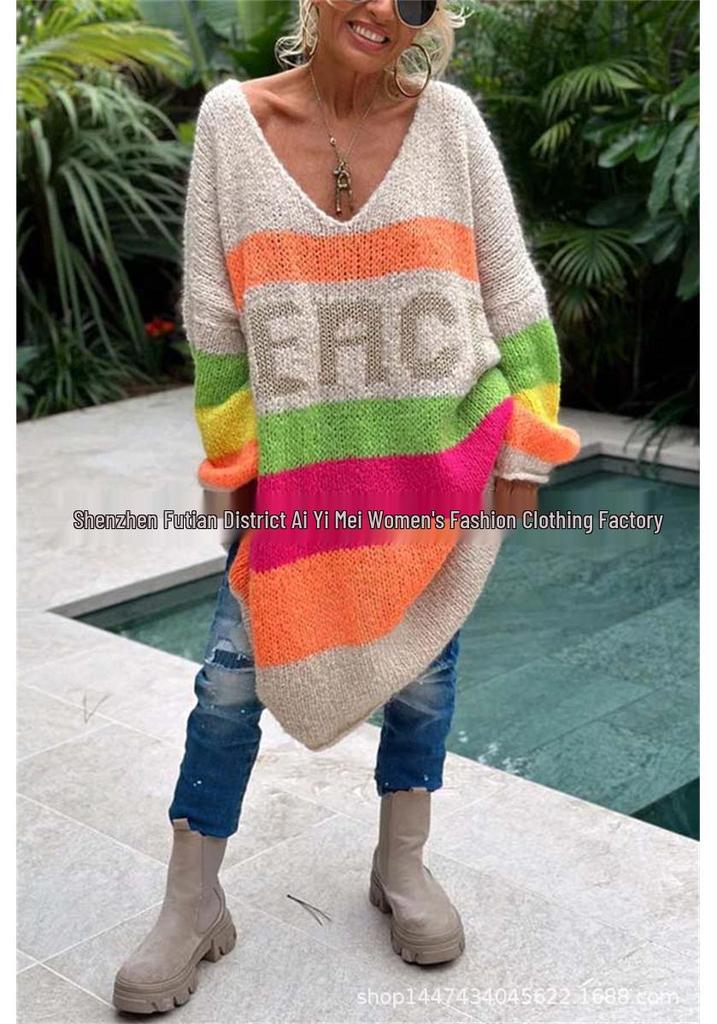 2025 Spring/Autumn Women's Rainbow Stripe V-neck Loose Knit Sweater - 3 Colors Available