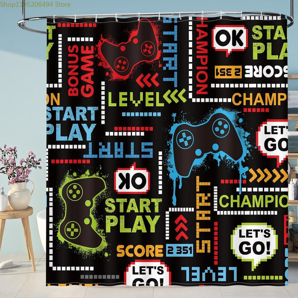 Game Themed Kids Shower Curtain-video Gamepad Player Cool Shower Curtain with 12 Hooks, Boy Bathroom Decoration Accessories