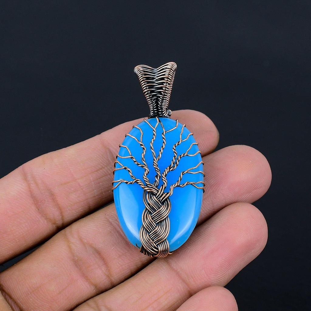 Tree Of Life Blue Chalcedony Gemstone Pure Copper Wire Wrap Handmade Jewelry Pendant For Her