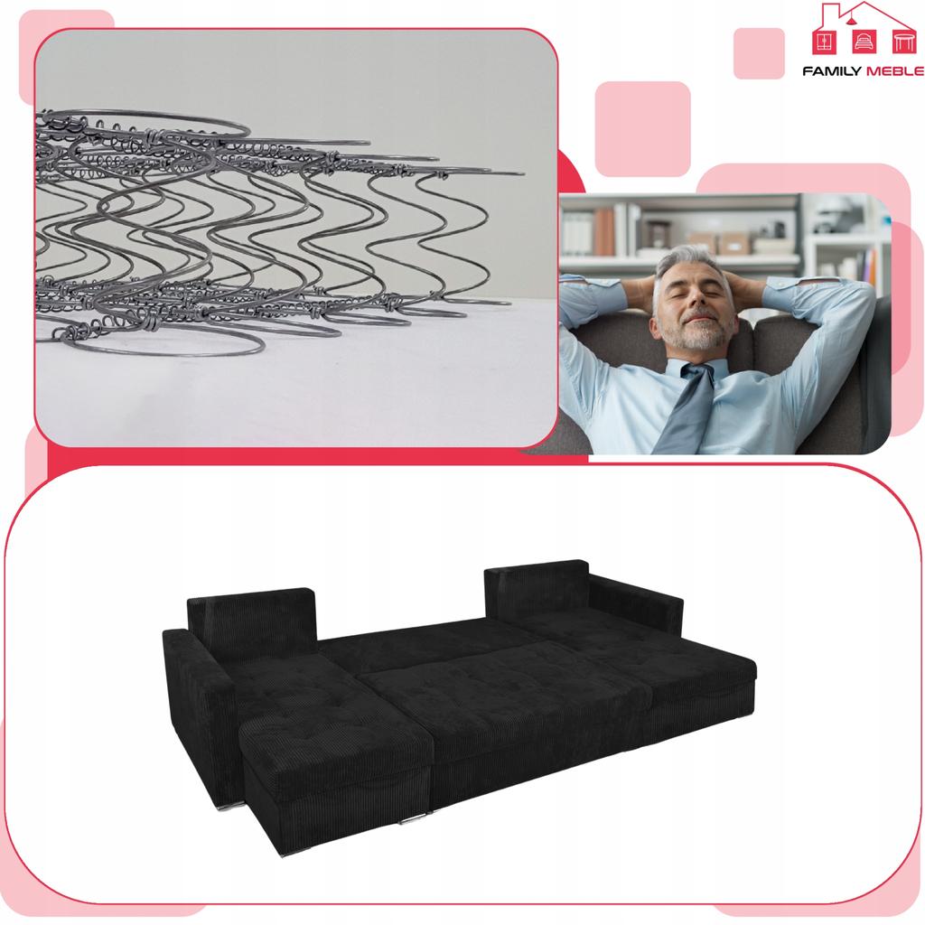 Bonito BIG Corner Sofa Bed Family Meble Corduroy Black