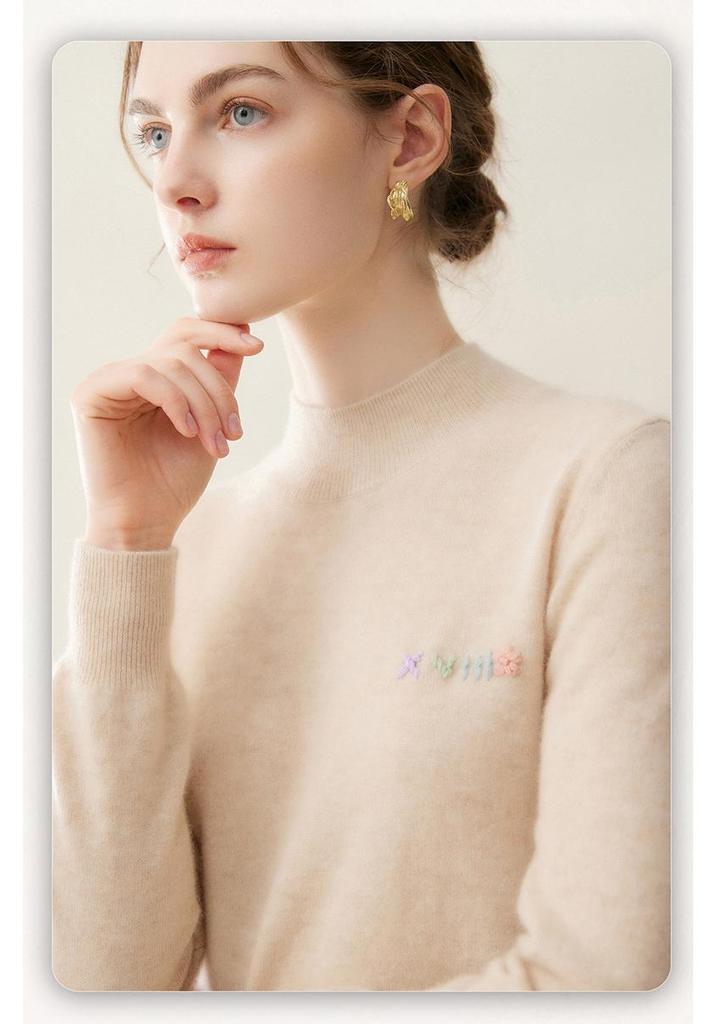 Women's Pure Cashmere Half-High Neck Embroidered Sweater - Loose Fit Knitwear for Autumn/Winter