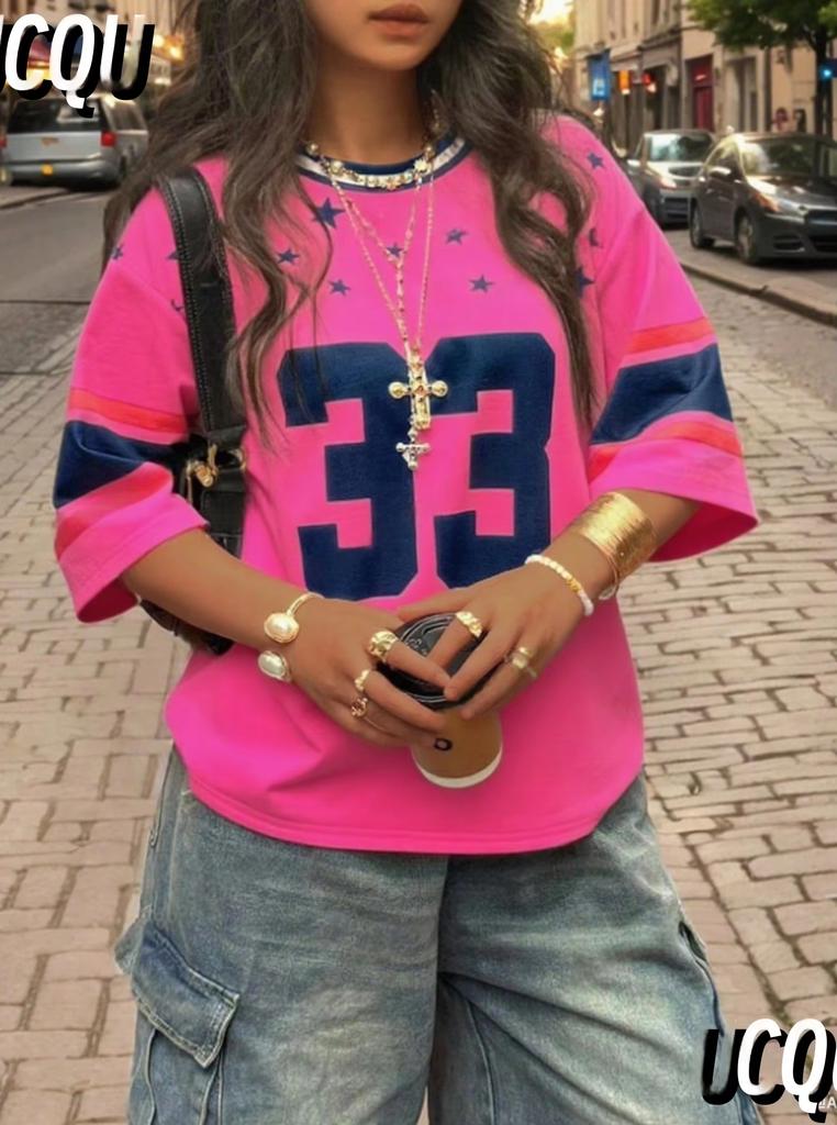 Fashion Casual NO.33 Print O-Neck Women Short Sleeve T-Shirt Summer Vacation Tee Baseball Jerseys Stripe Oversized Sport T-Shirt