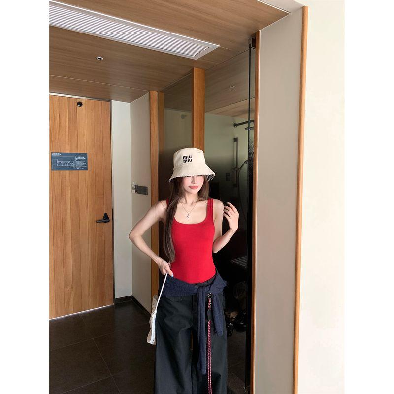 

Kumikumi Sexy Thin Suit Long Sleeves T-shirt Women s Inner Vest Autumn Elastic Waist Loose Pants Three-Piece Set Red Vest L