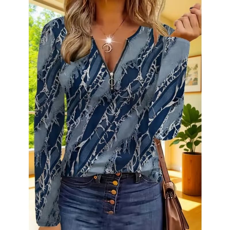 Women's Creative Printed Zipper Long-sleeved T-shirt, Breathable, Soft and Comfortable, Suitable for All-year-round Casual Wear