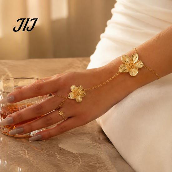 Integrated Ring Bracelet Gold Flower Hand Chain Link with Finger for Matte Gilt Women Women, Hibiscus Flowers O Bracelet, Floral Fairy Jewelry