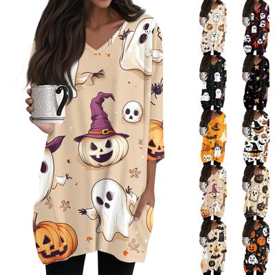 Womens Tops V-neck 3/4 Sleeve Blouses Casual Mid-length Shirts Fashion Halloween Print Tunic Tops With Pockets