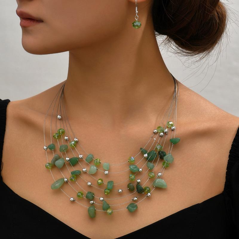 European and American Exaggerated Bohemian Gravel Mixed and Matched Multi-layer Temperament Necklace, Earrings (set)