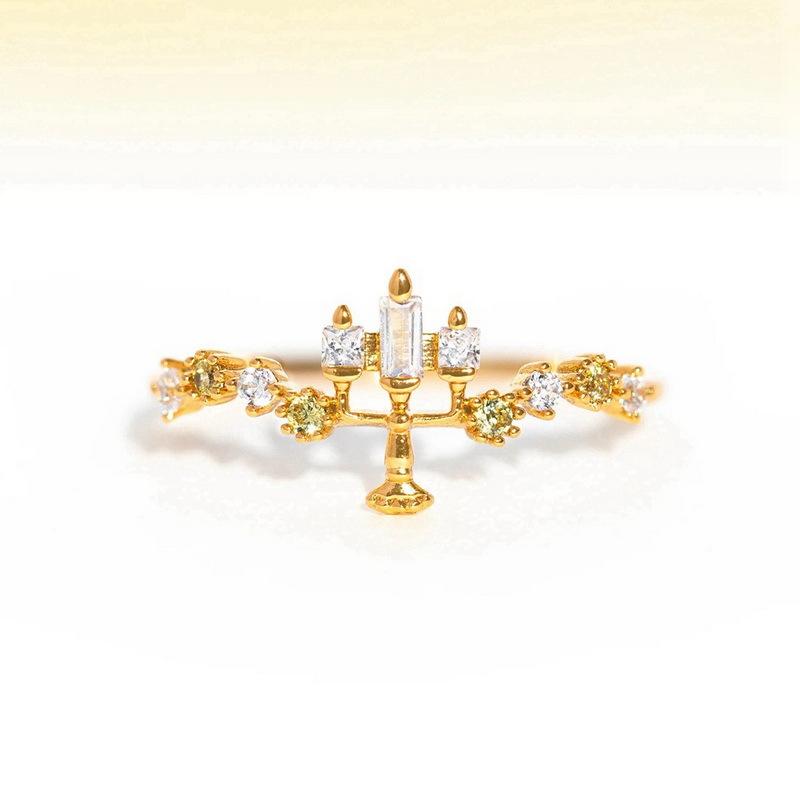 Mixed Design Cubic Zirconia Ring for Women Gold Plated Candle Teapot Rose Flower Adjustable Finger Ring Party Wedding Jewelry