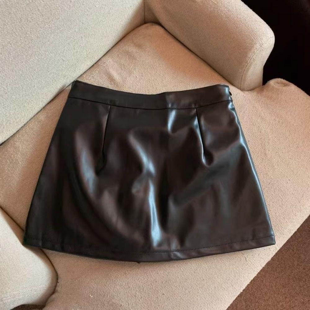 Solid Color Short Mini Skirts Split High Waist A-line Skirt Korean Style PU Leather Skirt  Girls