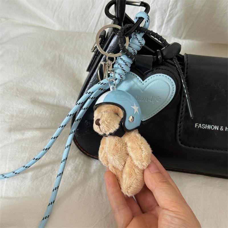Ciondolo a forma di orso con elmetto carino, fai da te, portachiavi per auto, decorazione con corda intrecciata, appeso, portachiavi per cellulare, borsa, accessori