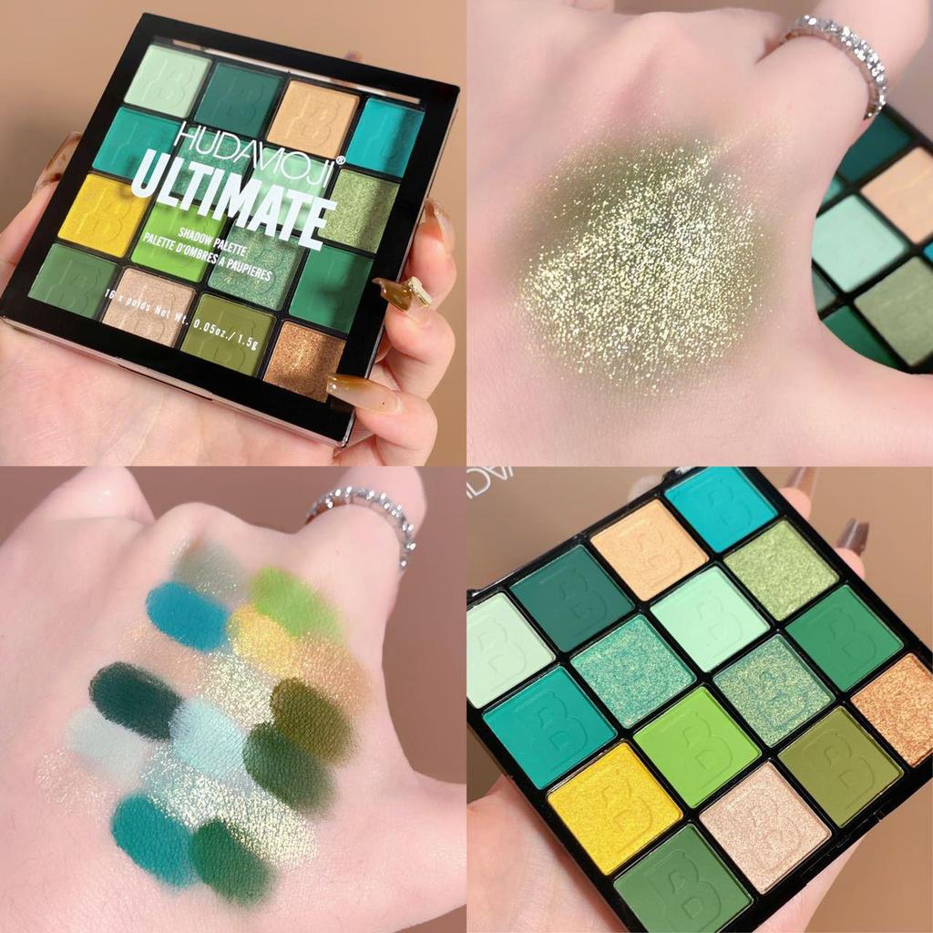 HUDAMOJI 16-Color Eyeshadow Palette: Vibrant Pearlescent, Matte Earth Tones & Glitter for Stage Makeup.
