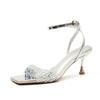 Women's Summer Sandals High Heels Silver Square Toe Transparent Strap Rhinestones Elegant Ladies Shoes