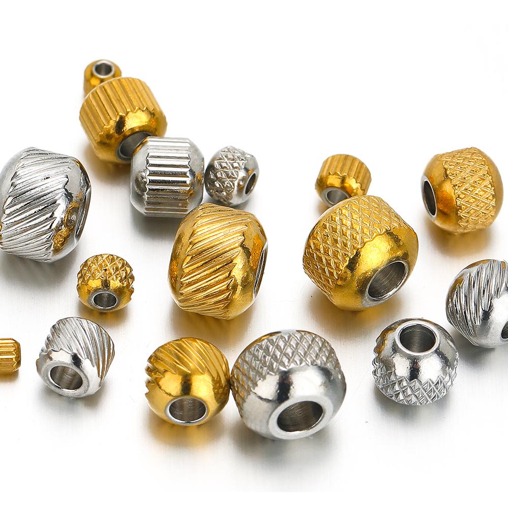 50pcs Stainless Steel Beads 18k Gold Color 4mm 6mm 8mm Ridged Cyclinder Tube Spacer Loose Beads for Jewelry Making DIY Findings