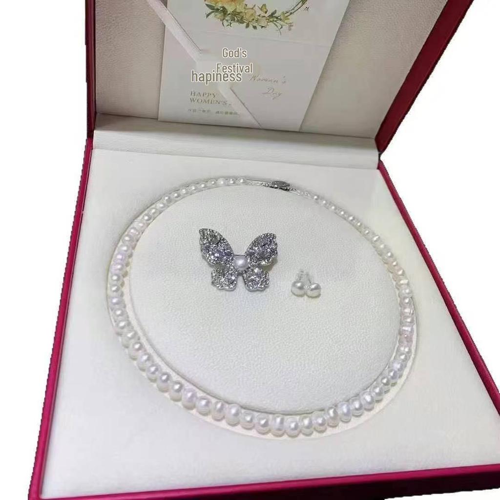Mother's Day Pearl Jewelry Set: Necklace, Bracelet, & Butterfly Brooch for Mom