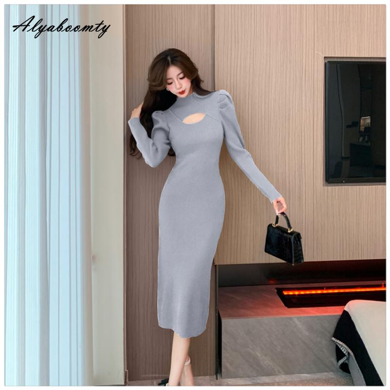Autumn Winter Women Midi Bodycon Sweater Dress Half Collar Black Apricot  Gray Knitting Dress Hollow Out Feminine Knitted Dress  buy at low prices  in the Joom online store