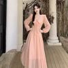French gentle V-neck bow lace-up dress women's large size fat mm high-end super fairy pink long-sleeved skirt